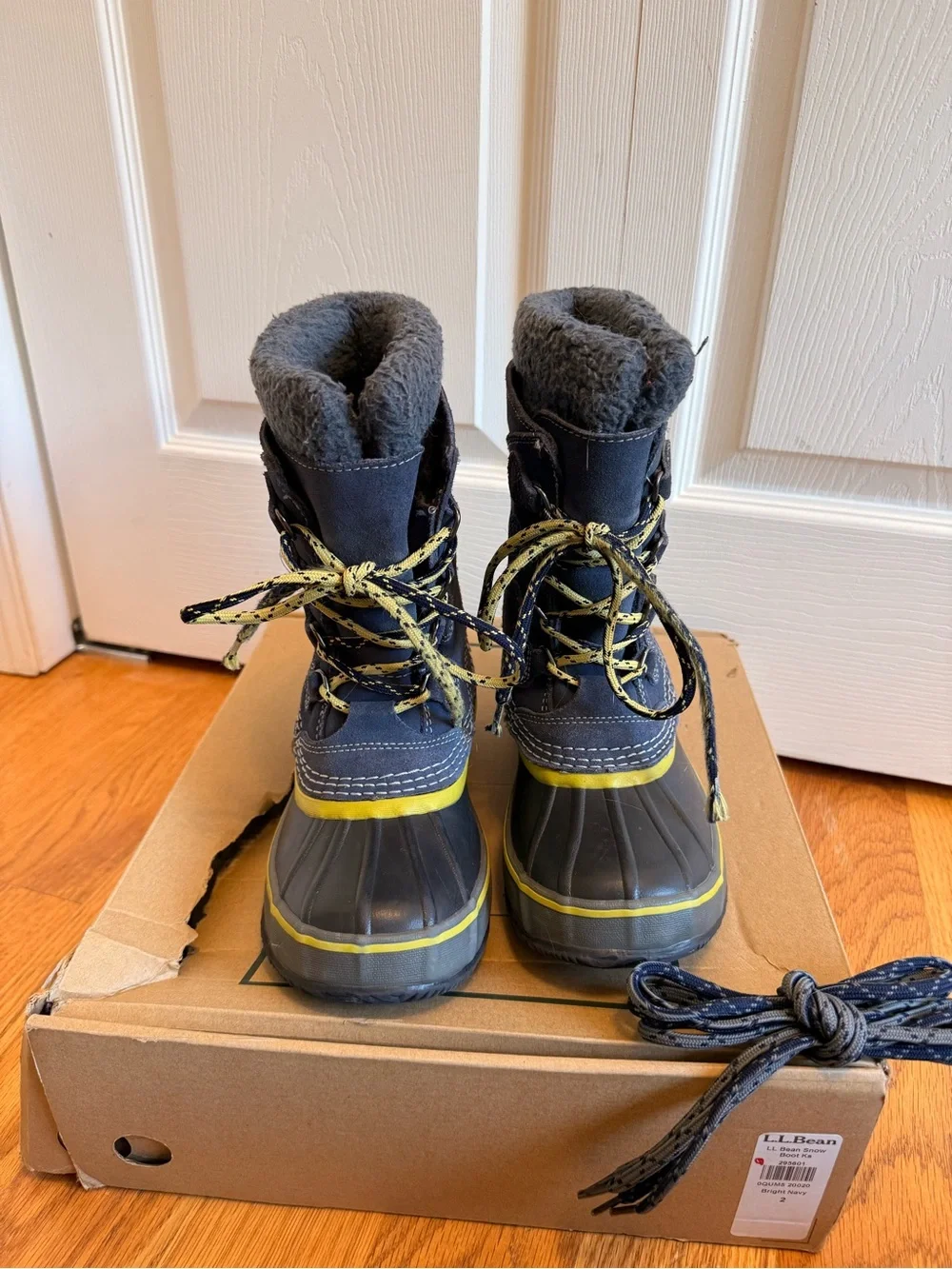 L.L. Bean Kids Navy Winter Boots with bright Green Trim